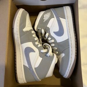 Nike Air Jordan 1 Mid in White and Light Gray -- MID WOLF GREY